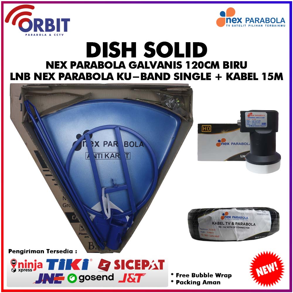 DISH SOLID NEX PARABOLA GALVANIS 120CM BIRU + LNB KU-BAND SINGLE + KABEL 15M