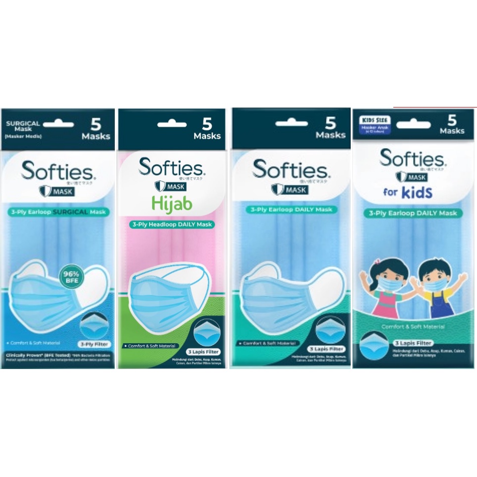 Softies Mask Earloop 3 Ply Daily / Surgical / Kids / Hijab Masker isi 5 pcs