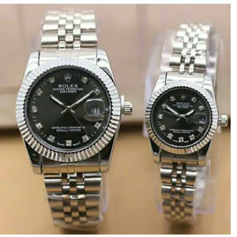 JAM TANGAN COUPLE ROLEX STAINLESS SILVER PLAT HITAM OYSTER PERPETUAL- RX002