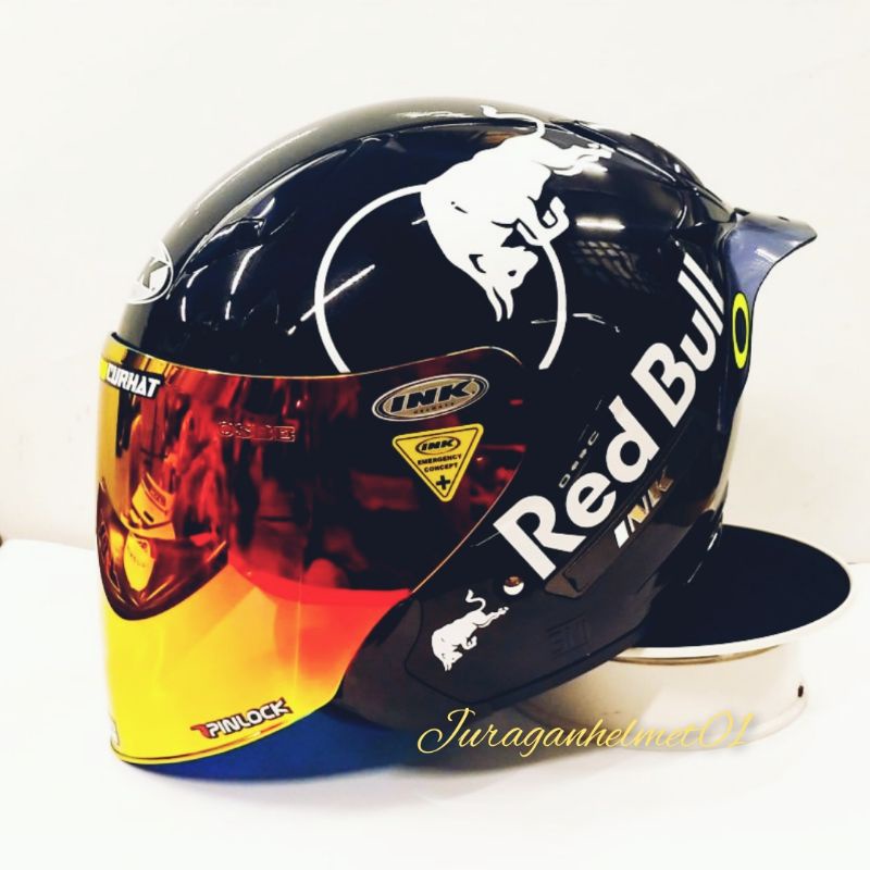 helm half face ink metro paket ganteng red bull hitam glossy