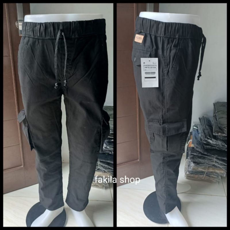 Celana Panjang Cargo Rib Wanita/Cewek Bahan Strecth Pinggang Karet Hitam Cream Abu Abu Original