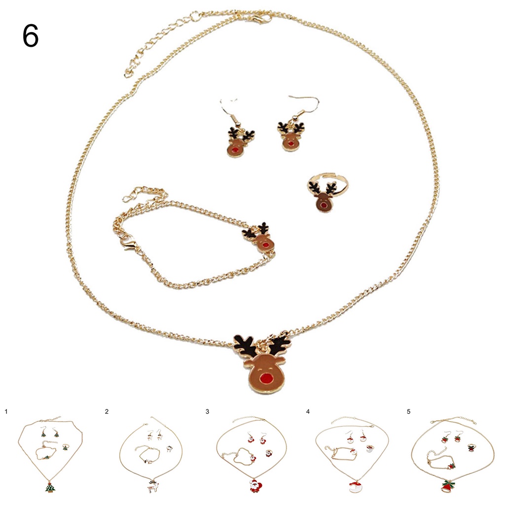 Hu Hu Hu Hu Hu Alat Bantu Pasang Kacamata♡ 4pcs / Set Perhiasan Kalung Anting Cincin Gelang Liontin Rusa Natal Warna Terang Bahan Alloy