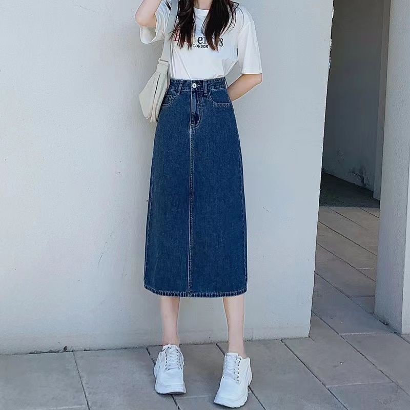 New Korean Rok Jeans Panjang Wanita kembali Slit skirt midi