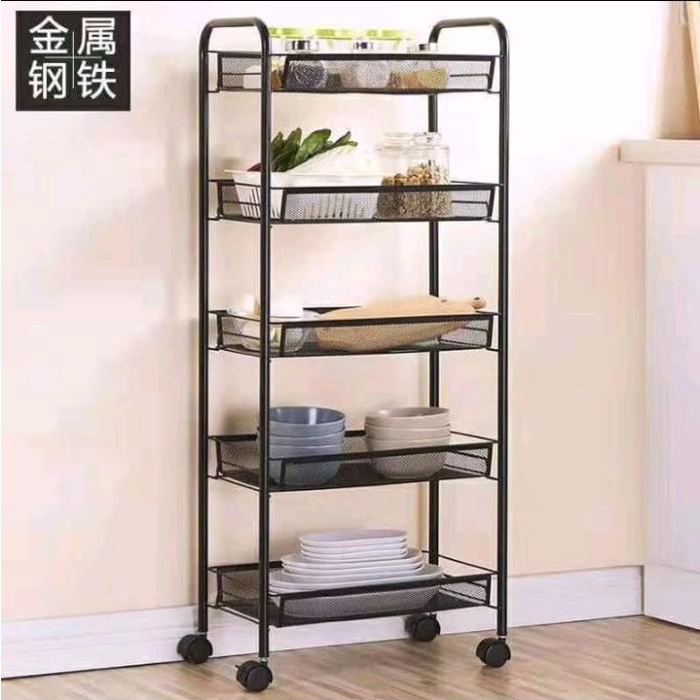 Trolley Portable Rak Besi 5 Tingkat Serbaguna Roda Troli Barang Dapur