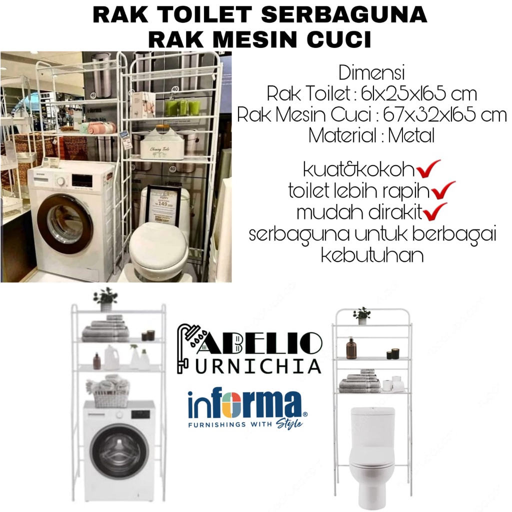 INFORMA Rak Besi Toilet Serbaguna 3 Tingkat / Rak Mesin Cuci / Rak Toilet / Rak Anti Karat / Rak Organizer Toilet Tissue Sabun Kamar Mandi WC