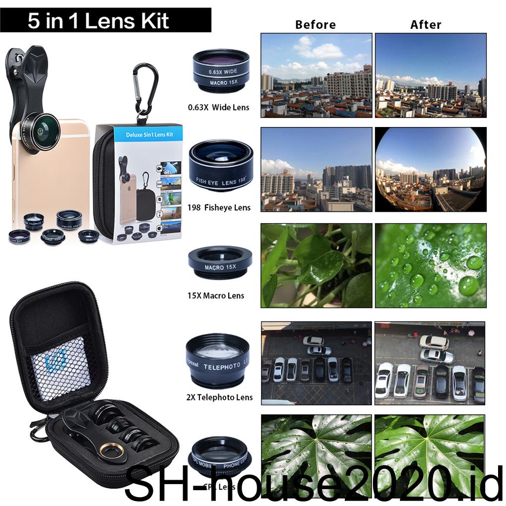 5 in 1 Lensa Telephoto CPL Wide Angle Universal Model Clip-On Untuk Handphone (house2020)