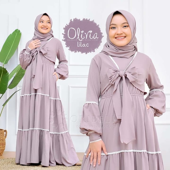 Olvia Kids Baju Muslim Anak Perempuan Tanggung Serian Warna Tali Pita Dada Lengan Balon Dress Anak