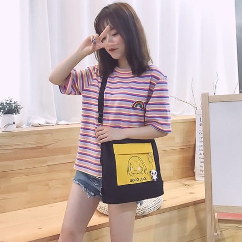 Twenty Bag - Tas Tote Bag Wanita Resleting Terbaru 2022 Aesthetic Kekinian Motif Carakter GOOD LUCK Korea Style Multifungsi Bisa DI Ransel