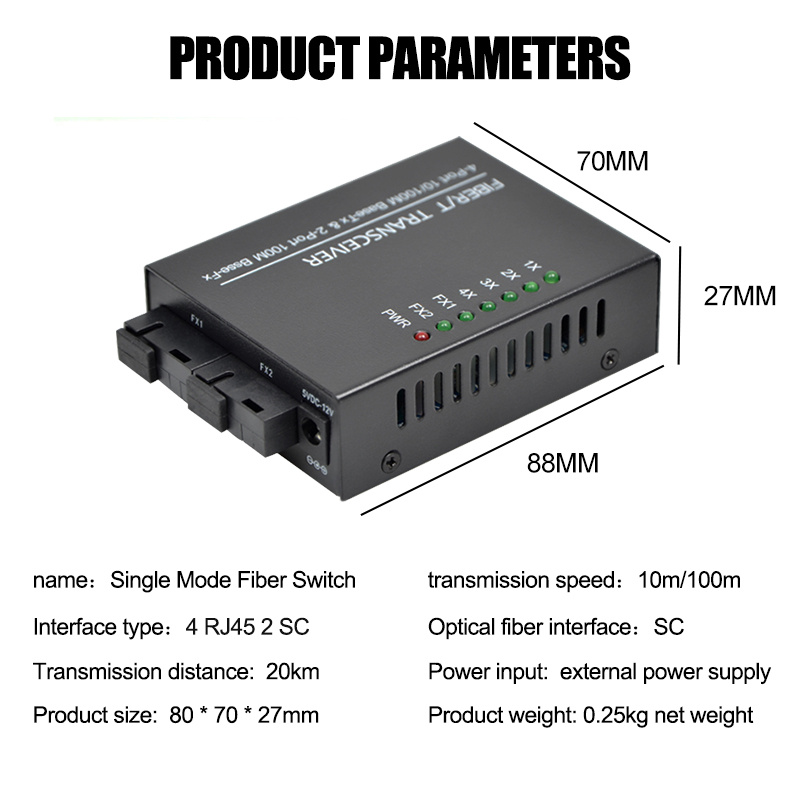 Fiber Converter 10/100Mbps 4 RJ45 2 SC Ethernet Switch Optical Media Converter Single Mode Fiber