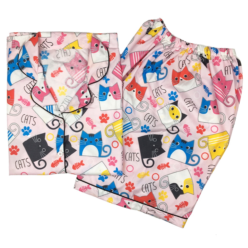 Setelan Piyama Dewasa Celana Pendek Lengan Pendek Hotpant All Size-HPL CATS PINK