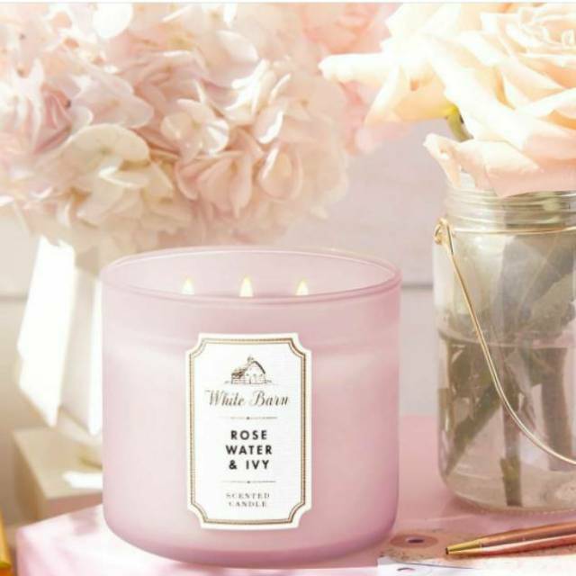 BATH &amp; BODY WORKS BBW ROSE WATER &amp; IVY 3-WICK SCENTED CANDLE 411 G LILIN WANGI 3 SUMBU UKURAN BESAR PENGHARUM RUANGAN ROSEWATER