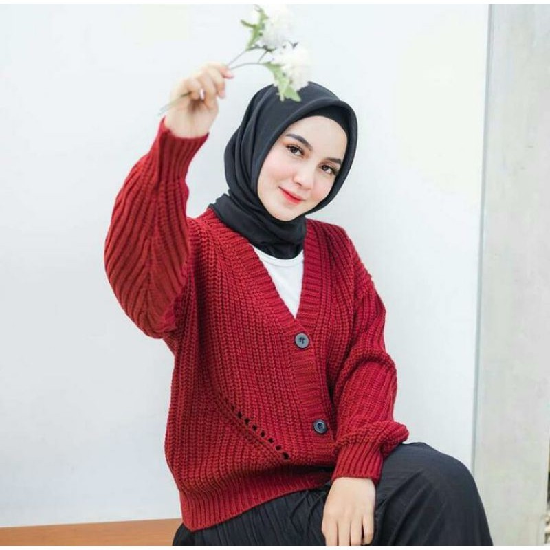 Cardigan Rajut Motif DHIYA | type 3 Get | Rajut TEBAL Premium | Pakaian Rajut Atasan Wanita-merah marun