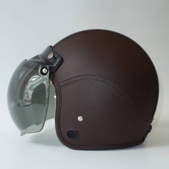 Helm Bogo Retro Kulit Dewasa Coklat Polos Full Leher SNI