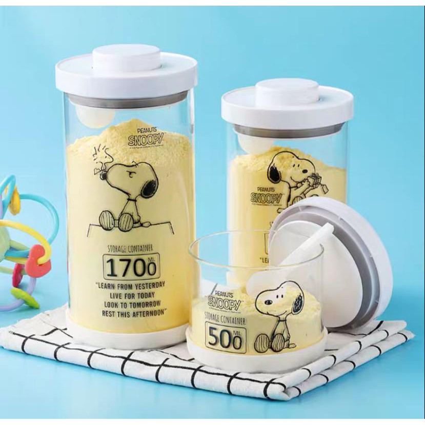 Container Toples Susu Bubuk Bayi Bahan Kaca Tebal Gambar Snoopy Lucu + Sendok Kecil