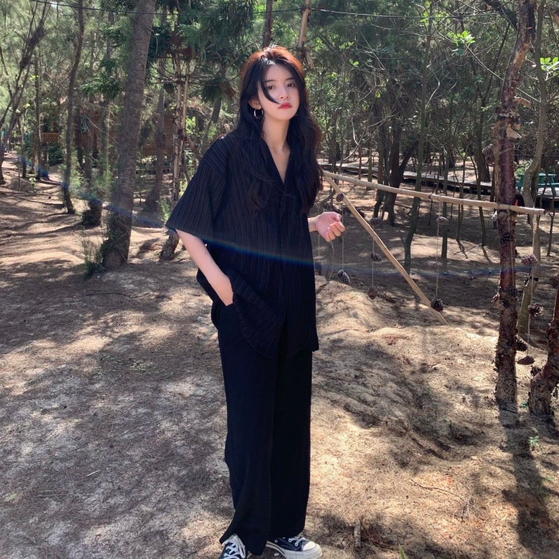 #Sisjuly# Wanita Musim Panas Baru Malas Lengan Pendek Murni Desire Chic Top Desain Kecil Retro Hong Kong Gaya