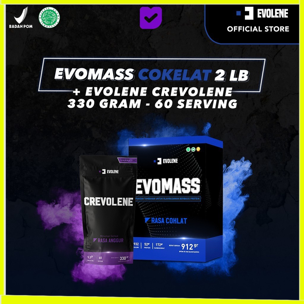 

Evolene Evomass Evo Mass Evomas Mas Coklat 912gr/4x serving + Crevolene 330gr/60 serving - Penambah massa otot - Suplemen fitness - Pembentuk otot - Kaya Nutrisi - Surplus kalori - Minuman susu workout - berat badan BPOM HALAL EVOLINE EVOLIN EVOLEN