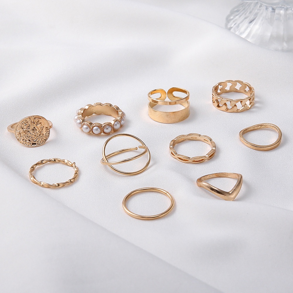 【COD Tangding】10pcs / Set Cincin Model Hollow Aksen Mutiara Gaya Punk Eropa Amerika