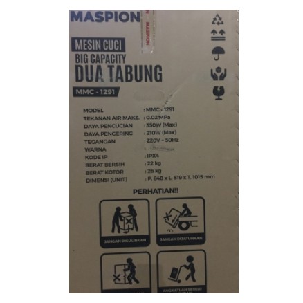 Maspion Mesin Cuci 2 Tabung 9 Kg Big Capacity MMC-1291 MMC 1921 Turbo Dry