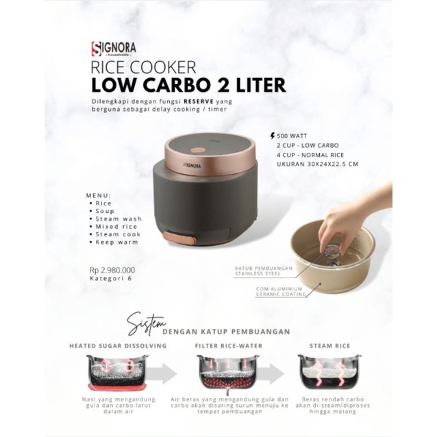 Rice Cooker Mini Low Carbo Signora 2 Liter + Bonus | Panci masak Rendah Karbo Kapasitas kecil
