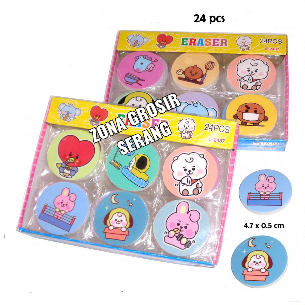

PENGHAPUS BT21 BTS per PACK 24 PCS PENGHAPUS PENSIL KARAKTER SETIP STIP BT21