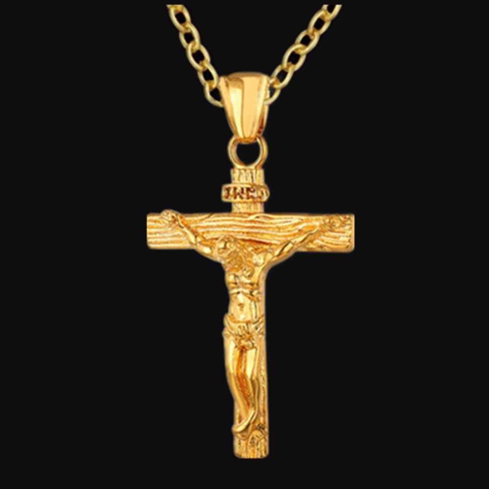 Kalung Rantai Liontin Salib Yesus Bahan Stainless Steel Lapis Emas / Silver 14k Gaya Hip Hop