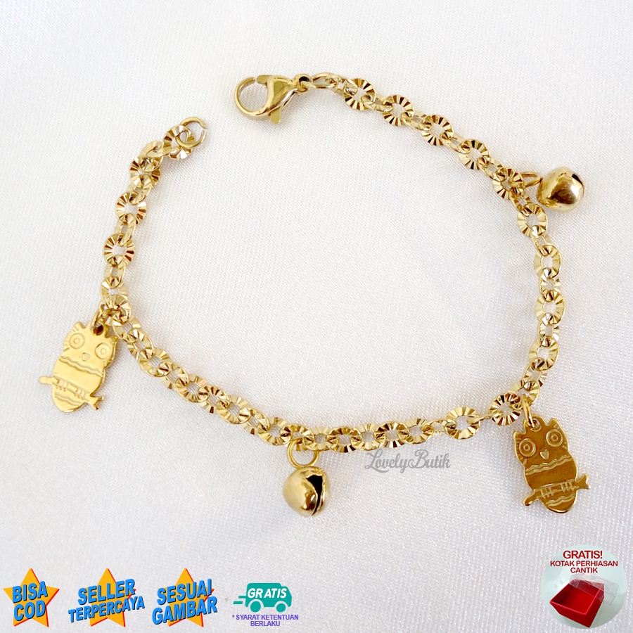 Lovelybutik Gelang Anak Perempuan Titanium Asli Anti Karat Gelang Tangan Anak Burhan Kecil Krincingan Rantai Nori Donat Ukuran 15 Cm BONUS TEMPAT PERHIASAN