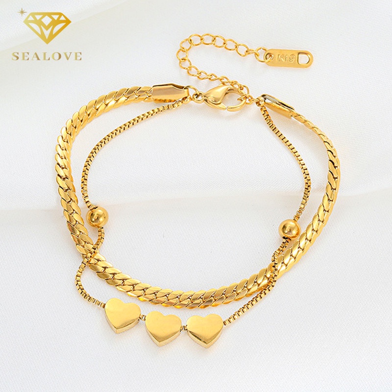 Gelang Titanium Wanita Anti karat Hati Emas 2 Lapisan Premium bracelet Aksesoris Fashion Korea