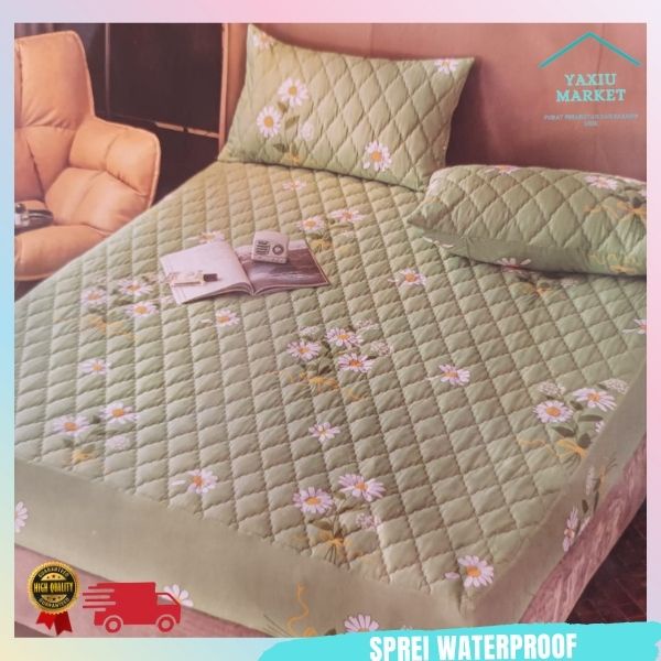 Sprei Waterproof / Sprei Protector bermotif / Sprei anti air ukuran 180x200CM SPREI WATERPROOF-BUNGA HIJAU