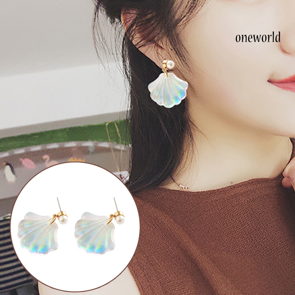 OW@ Colorful Resin Mermaid Rainbow Imitation Pearl Shell Women Stud Earrings Gift