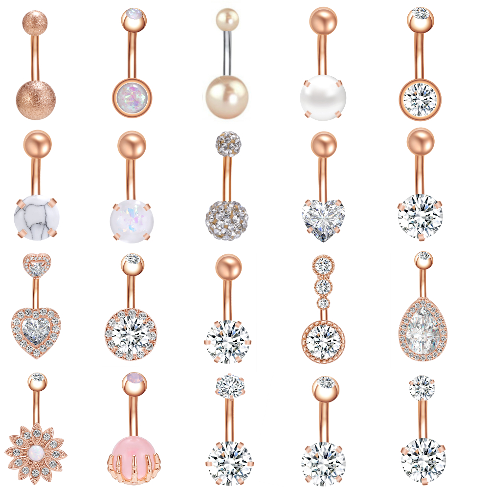 Crystal Navel Piercing Rose Gold Navel Rings Stainless Steel Navel Belly Rings Cubic Zircon Heart Belly Button Rings Body Piercing Jewelry