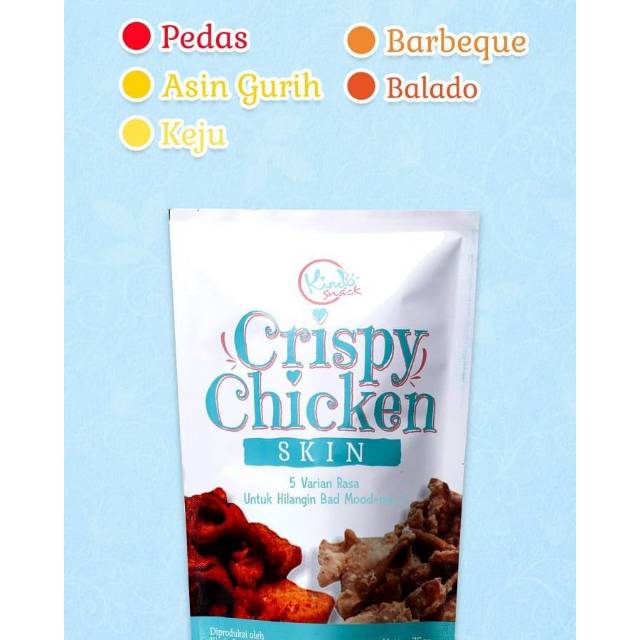 

Kindo snack Crispy Chicken .. kripik kulit ayam dengan 5 varian rasa..