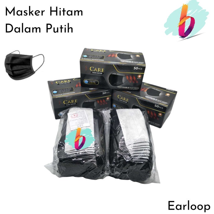 Masker hitam putih 3 ply Luar hitam dalam putih i care 50 pcs