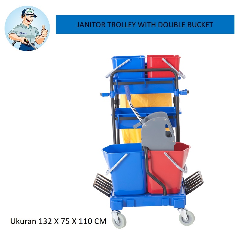 Janitor Trolley Biru dengan double bucket