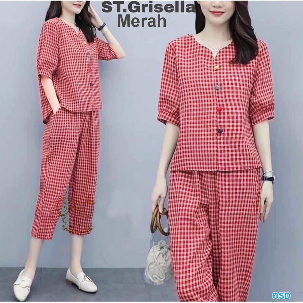 St Grisella/Setelan Baju Wanita Lengan Pendek + Celana Motif Kotak-Kotak Good Quality