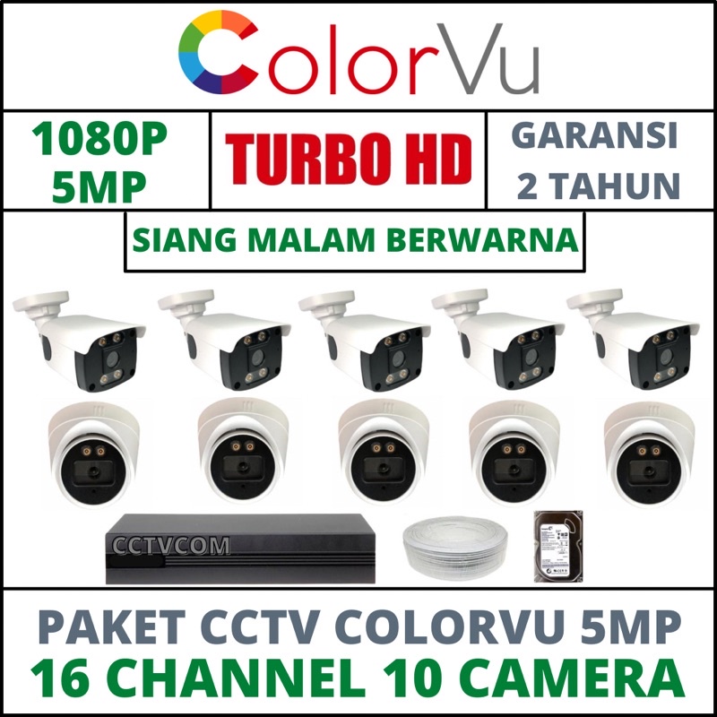 PAKET CCTV COLORVU SIANG MALAM BERWARNA 16 CHANNEL 10 CAMERA 5MP IC SONY 1080P KOMPLIT TINGGALPASANG