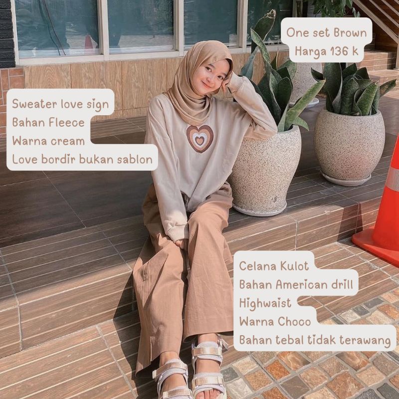 ONE SET BROWN SWEATER + CELANA KULOT HIGHWAIST- SETELAN WANITA OOTD KEKINIAN KOREA - ONE SET WANITA SWEATER LOVE LOOSE PANTS KOREA