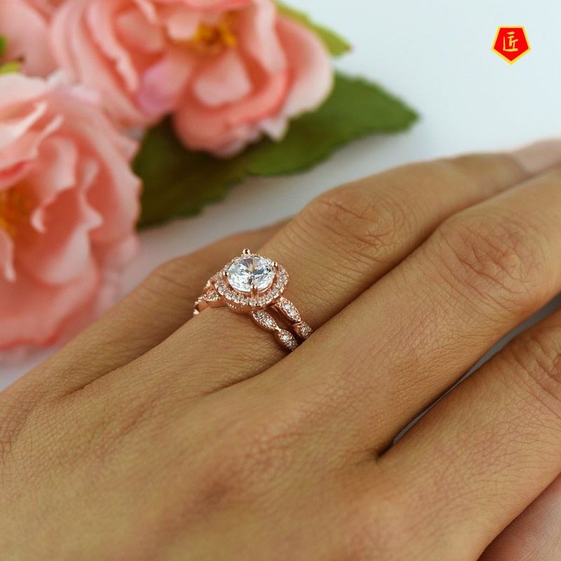 [Ready Stock]Fashion Simple 18K Rose Gold Single Diamond Double Layer Ring Set