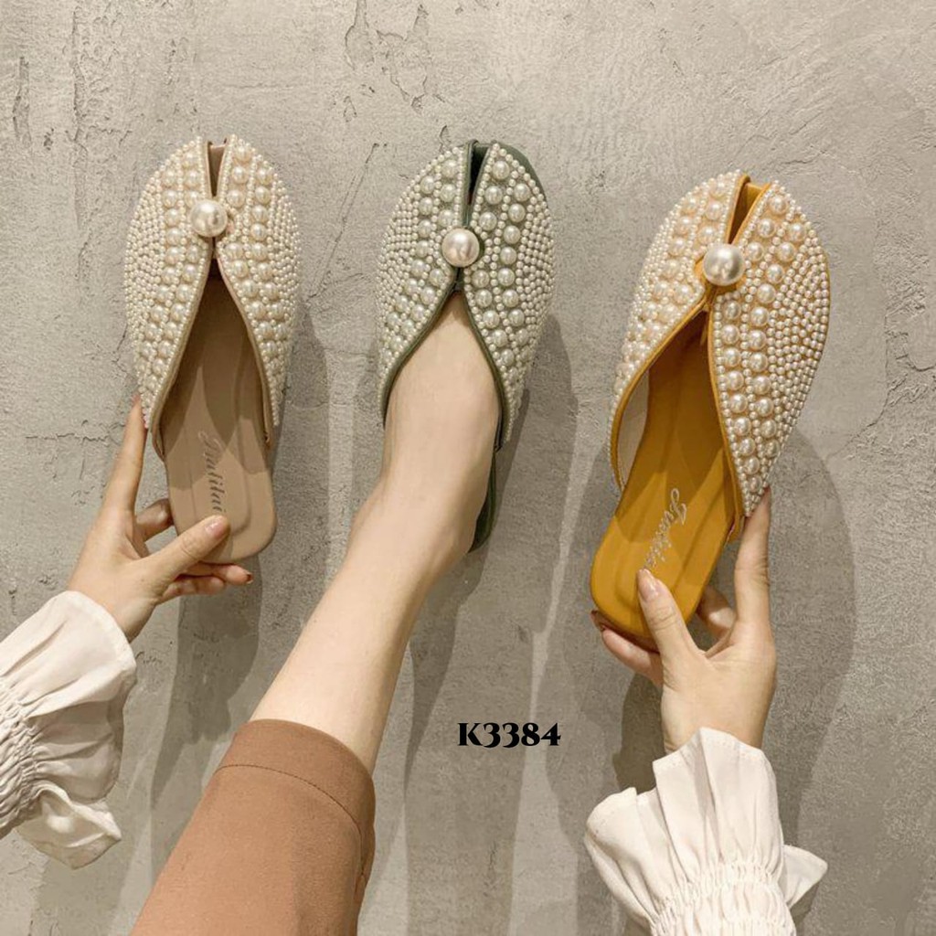 PRF  Flat Slippers Faddish Full Pearl Decor K3384