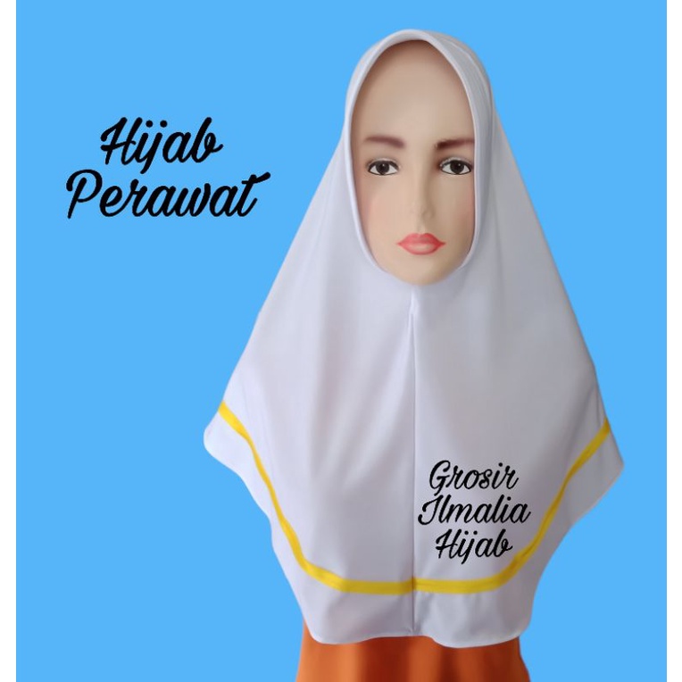 Hijab Suster Terbaru/Jilbab Bidan/Kerudung Perawat/Bergo Instan DinKes, Stikes/Busa Antem Garis Full-Pita Kuning 29