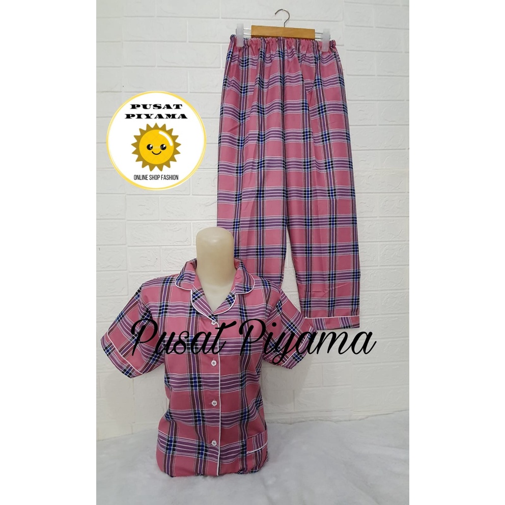 Setelan Lengan Pendek Piyama Baju Tidur Wanita Guilen Kotak Pajamas Cewek Dewasa Kekinian Abg-L OSLIN Pendek Pink