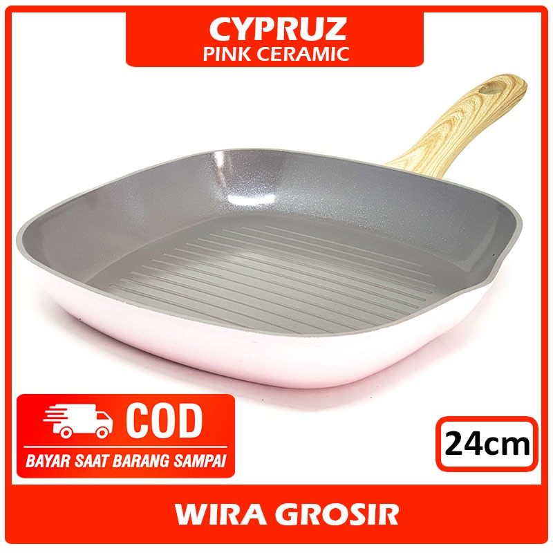 Cypruz Frying Grill Pan Keramik Pink 24cm | Pemanggang Bbq Anti Lengket | Wajan Marble Tanpa Minyak