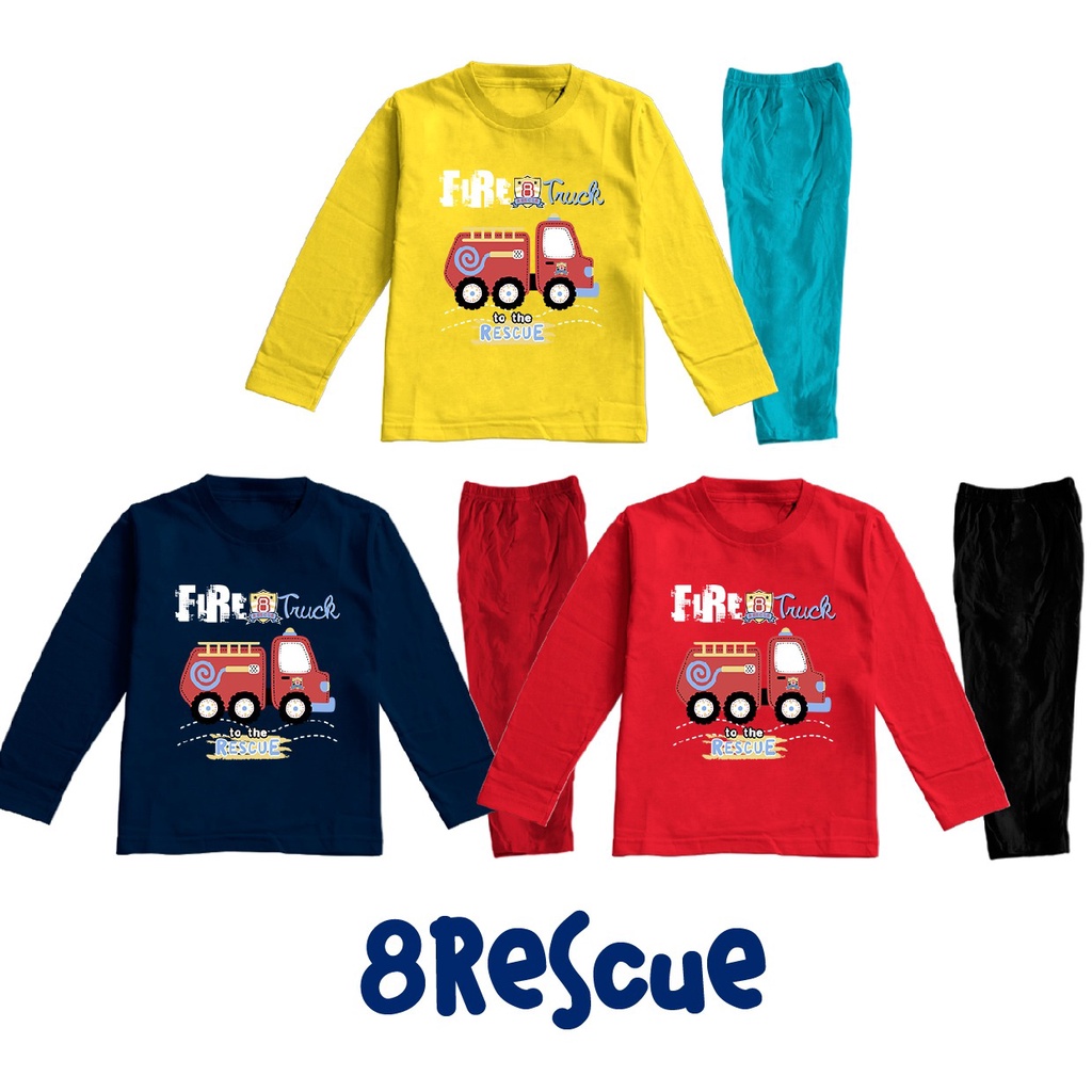 Baju Tidur Piyama Anak Usia 2-8 Tahun Gambar Beko Car FireTruck Bahan Katun Combed 30s