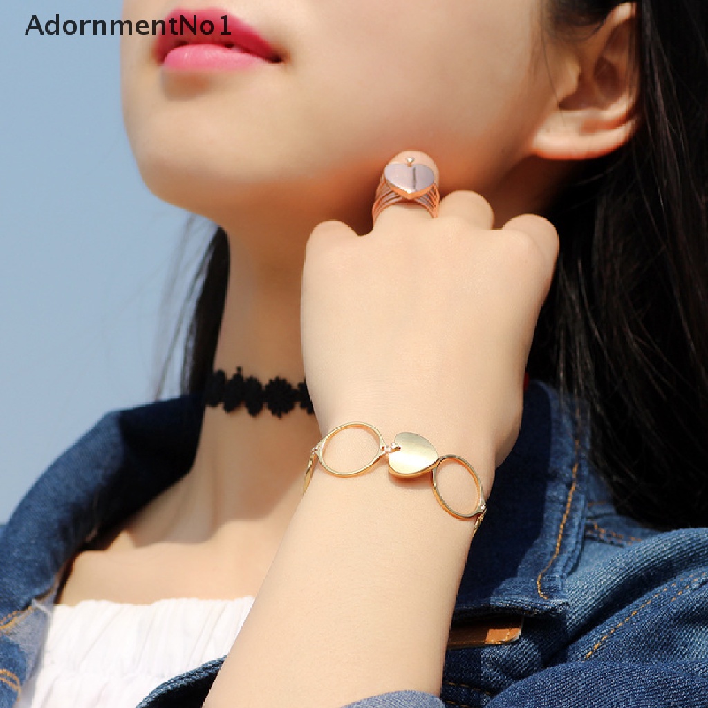 (AdornmentNo1) 2 In 1 Gelang Tangan Rantai + Cincin Motif Hati Bisa Ditarik Untuk Perhiasan Wanita