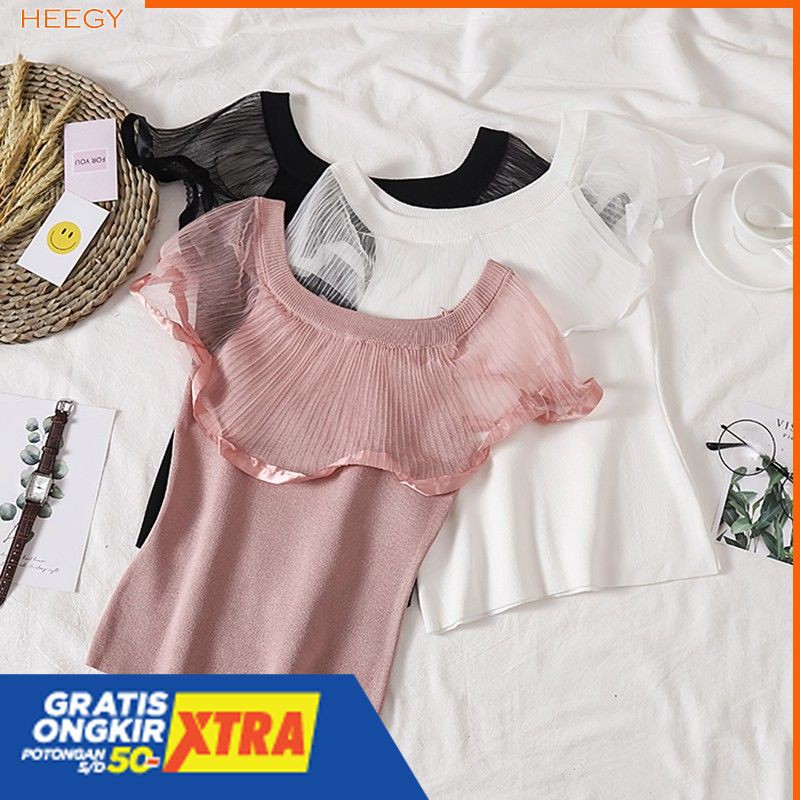 Kemeja Wanita Lengan Ruffle Bahan Rajut Lace Tipis Gaya Wanita Korea