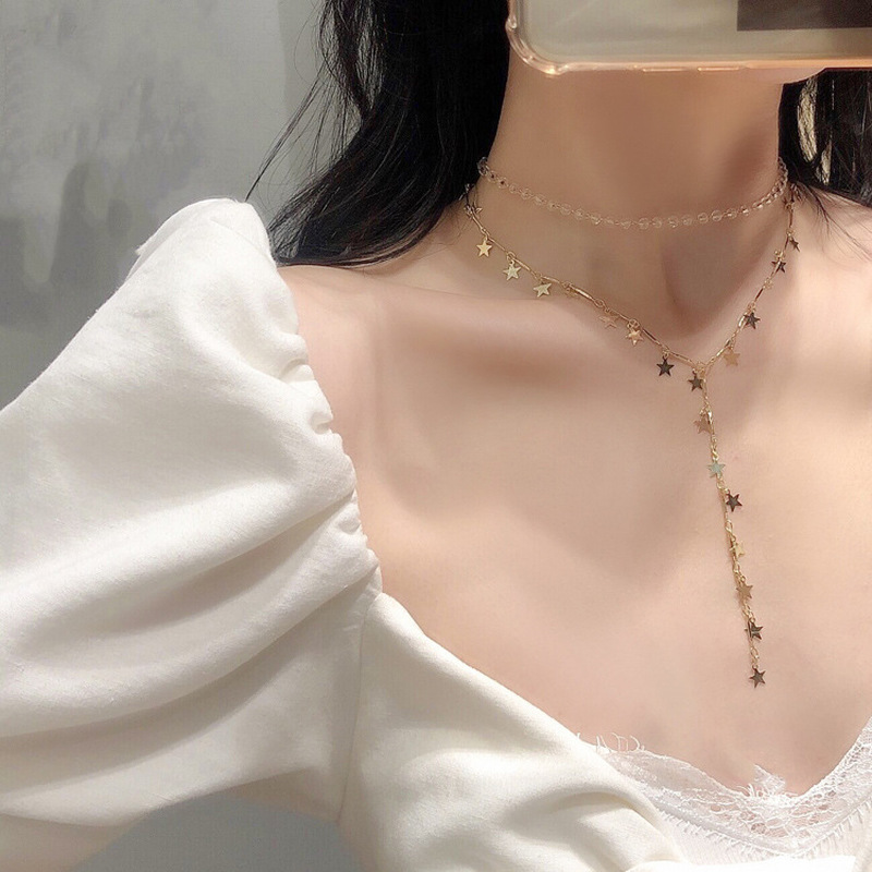 Luxurious Double Star Pendant Clavicle Chain Crystal Necklace Short Neck Lace Jewelry Korean Style Babysbreath