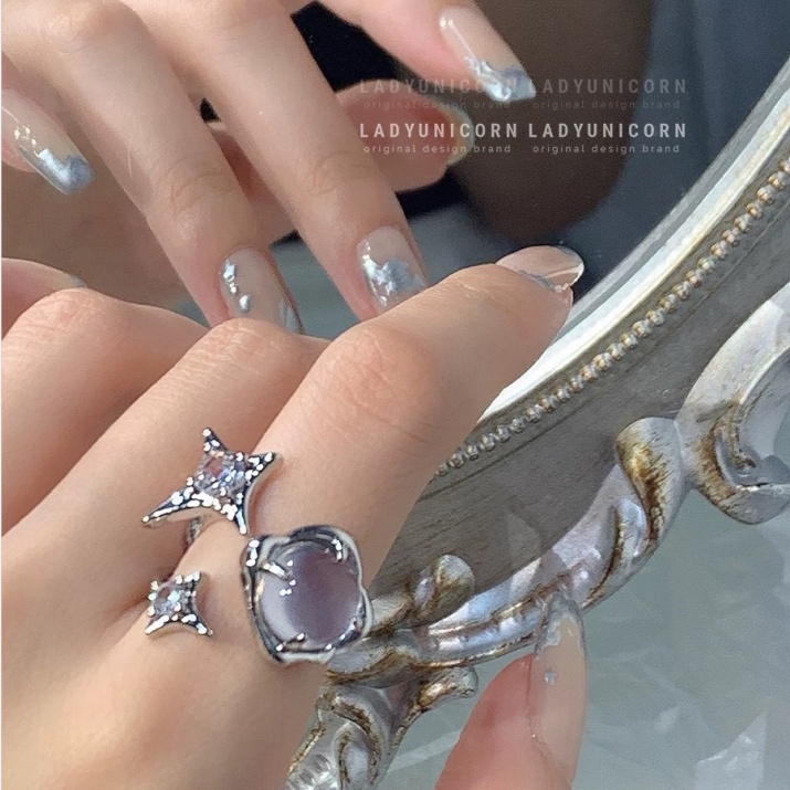 Cincin Silver Bentuk Bintang Empat Sudut Adjustable Untuk Wanita