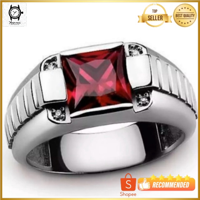 Cincin Pria Perak Red Ruby Minimalis Modern Elegan Rubi Merah