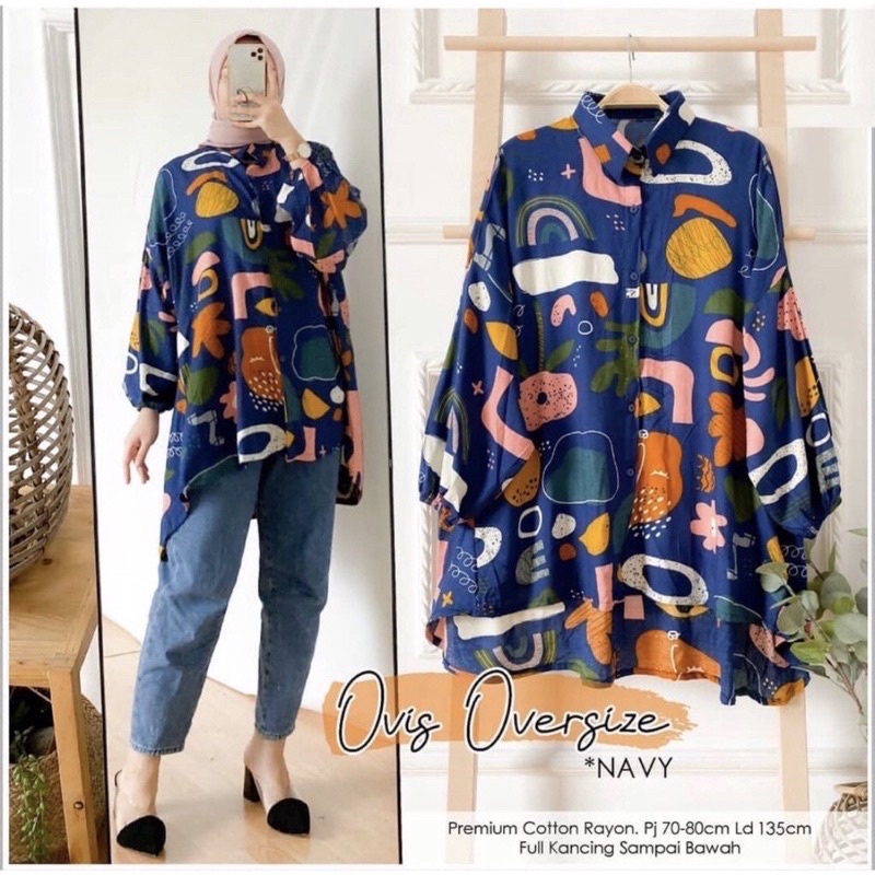 MONOCHROME OVERSIZE BLOUSE MOTIF - ATASAN RAYON FULL KANCING JUMBO / ATASAN RAYON KOMBINASI-OVERSIZE OVIS NAVY