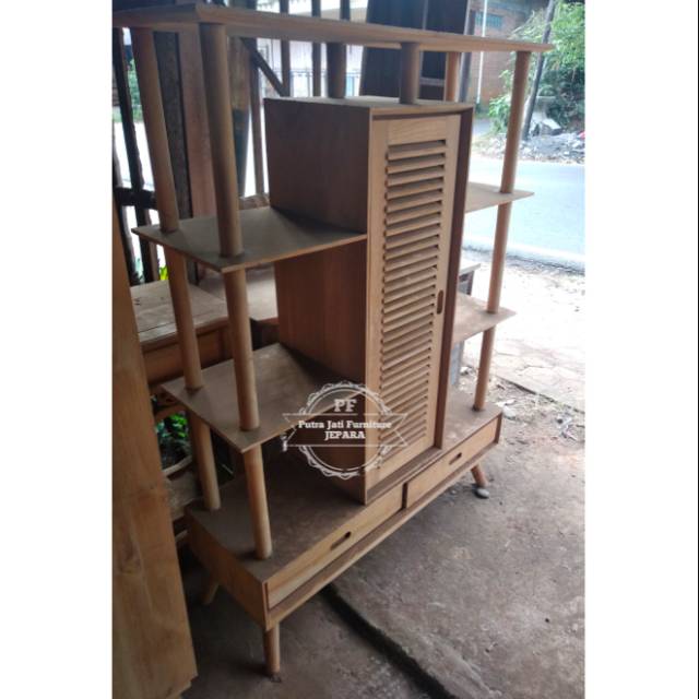 Lemari Rak Bufet Partisi Kayu Jati Model Simpel Minimalis, Lemari Pajangan Kayu Jati