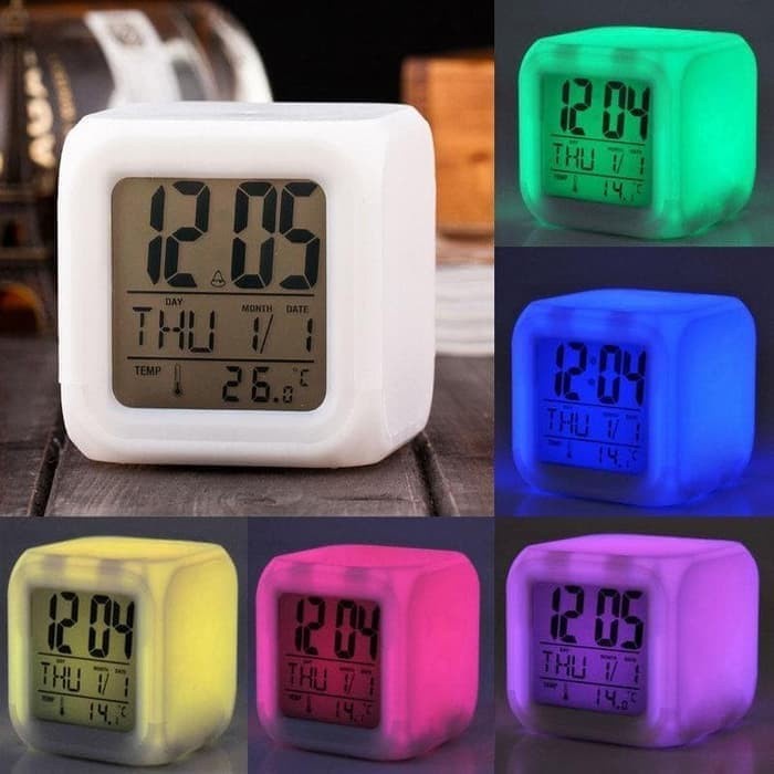 (D017) Moody Clock Glowing Jam LED / Jam Meja Kubus Digital Alarm 7 Warna With Kalender